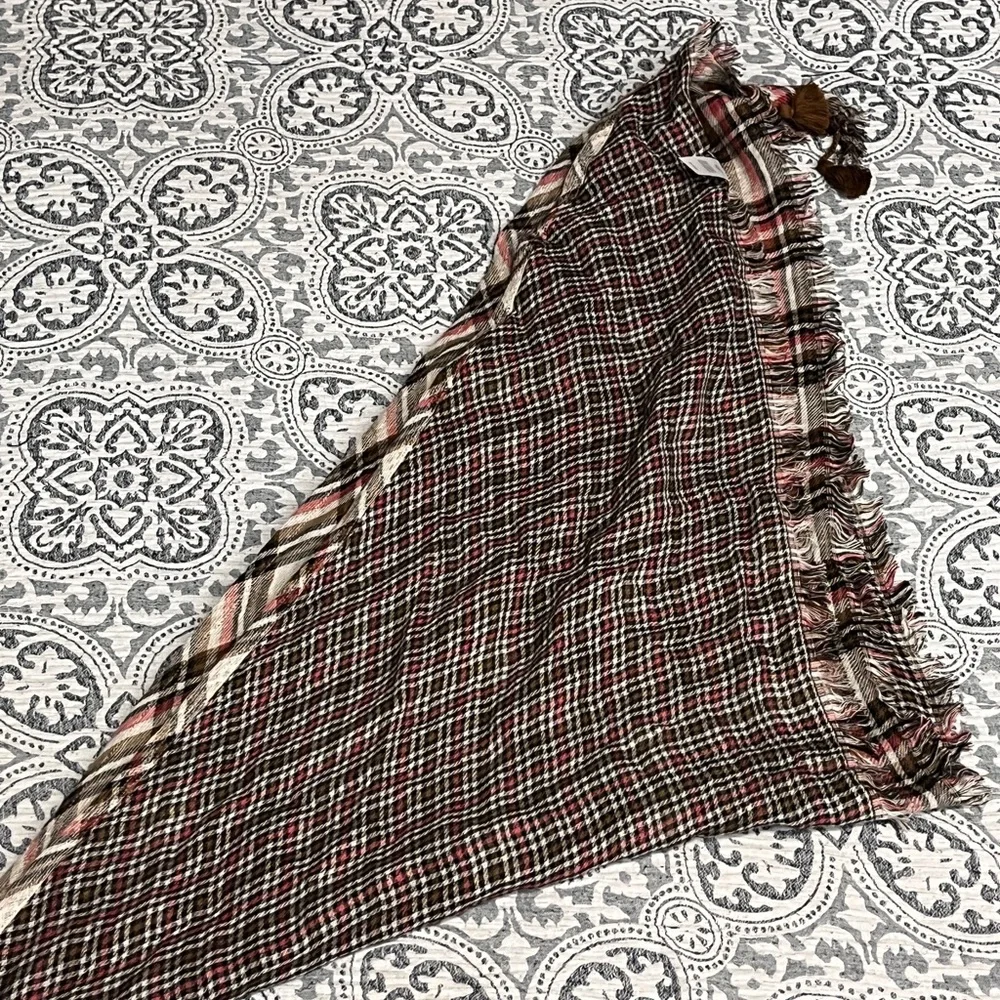 J. Jill Plaid Fringe Scarf Shawl in Cream, Black & Burgundy